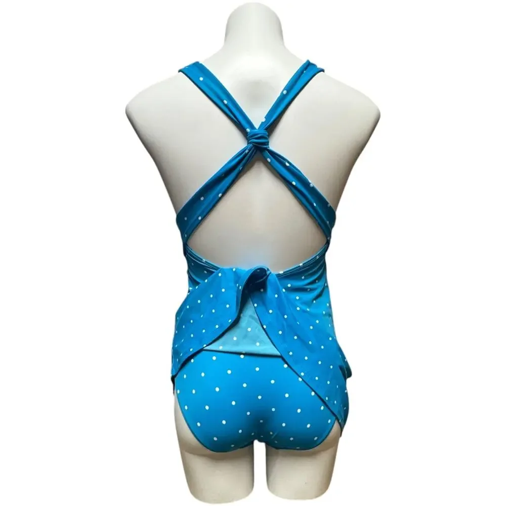 L.L.Bean Twisted One Piece Swimsuit Swim Dress Blue White Polka Dot 4